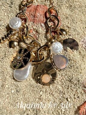 Gold Multi-Charm Bracelet with Pearl & moonstone Peach jade Accents